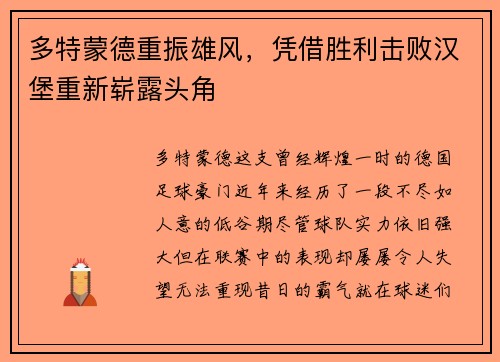 多特蒙德重振雄风，凭借胜利击败汉堡重新崭露头角